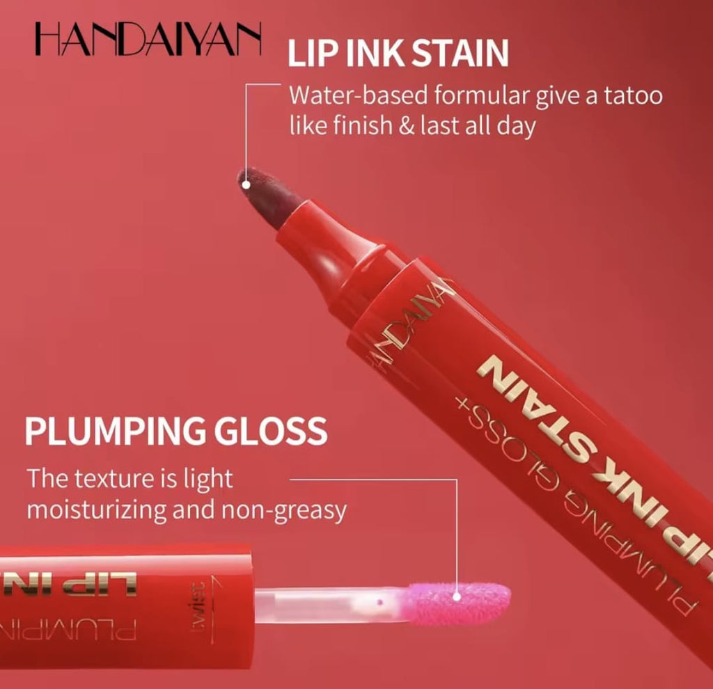 Labial 2 en 1 Handaiyan: Tinta de Larga Duración + Brillo Voluminizador (Plumping Gloss)