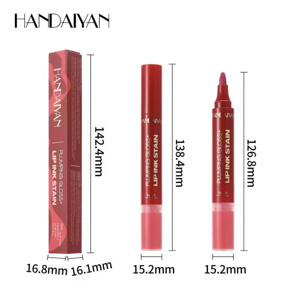 Labial 2 en 1 Handaiyan: Tinta de Larga Duración + Brillo Voluminizador (Plumping Gloss)